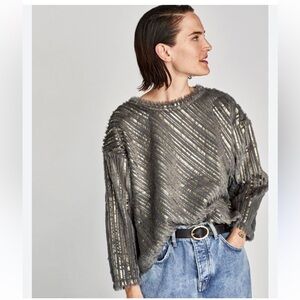 Zara Sz S Metallic Textured Oversized Top Women’s Plush Gray
